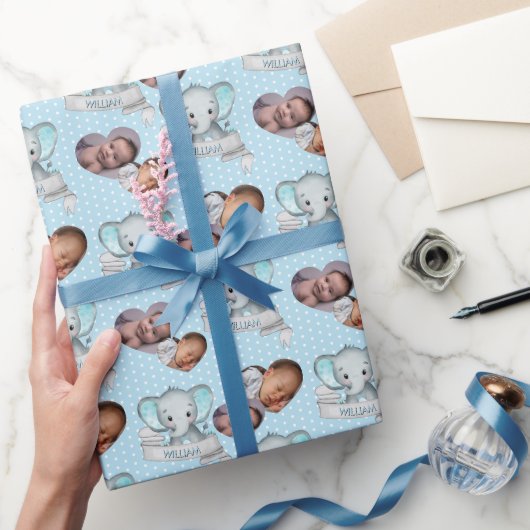 Personalisierter Name und Foto Elephant Baby Boy B Geschenkpapier (Schenken)