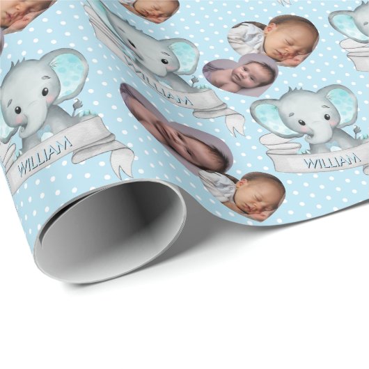 Personalisierter Name und Foto Elephant Baby Boy B Geschenkpapier (Rolleneckpunkt)