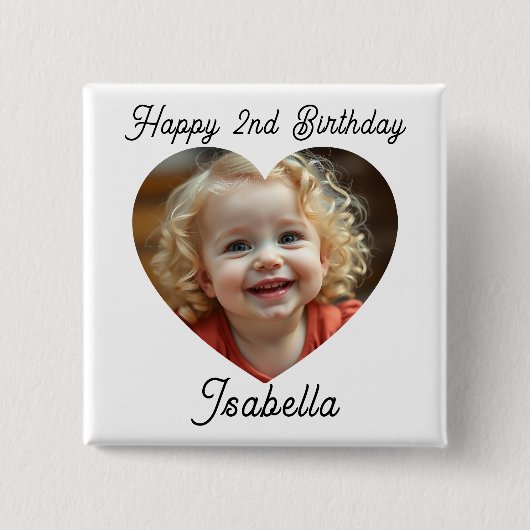 Personalisierter Name und Herz Foto Geburtstag Button (Vorderseite)