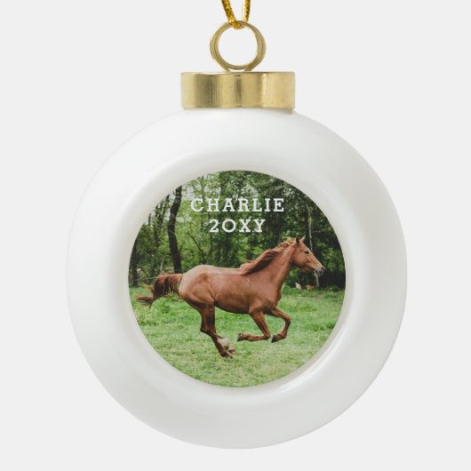 Personalisierter Name und Jahr Pferd Foto Keramik Kugel-Ornament (Vorderseite)