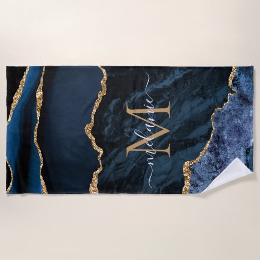 Personalisierter Name und Letter Navy Blue Gold Ma Strandtuch (Vorderseite)