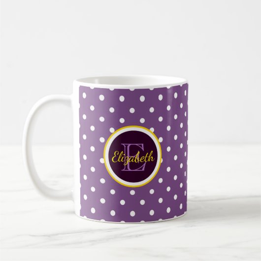 Personalisierter Name und Monogramm Lila Polka-Dot Kaffeetasse (Links)