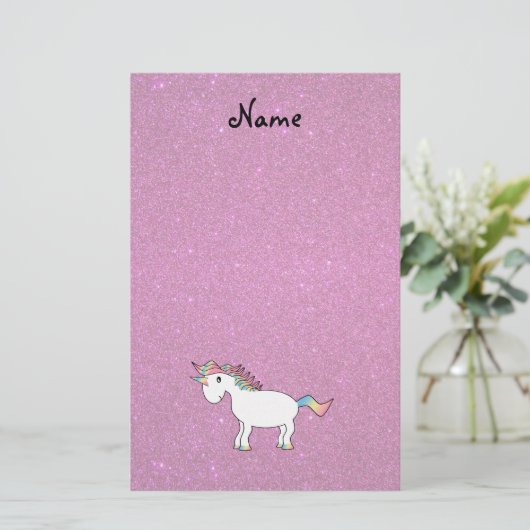 Personalisierter Name unicorn rosa Glitzer Briefpapier (Stehend Vorderseite)