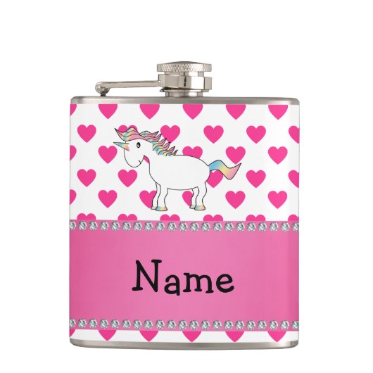 Personalisierter Name unicorn rosa Herzen Flachmann (Vorderseite)