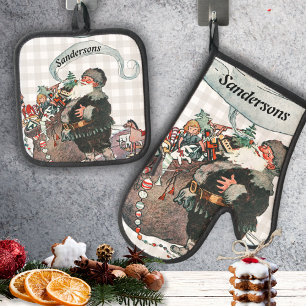 Personalisierter Name Vintag Santa St. Nick Xmas Ofenhandschuh & Topflappen-Set