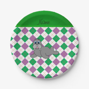 Personalisierter Name Walrus grün lila Raute Pappteller