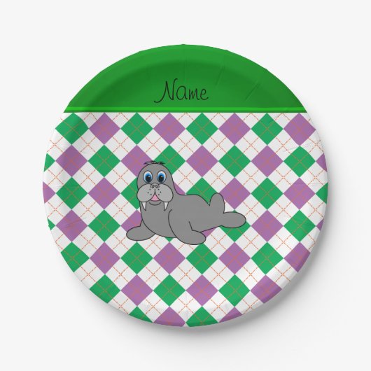 Personalisierter Name Walrus grün lila Raute Pappteller (Vorderseite)