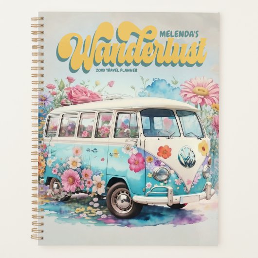 Personalisierter Name Wanderlust Retro-Busreise Planer (Vorderseite)