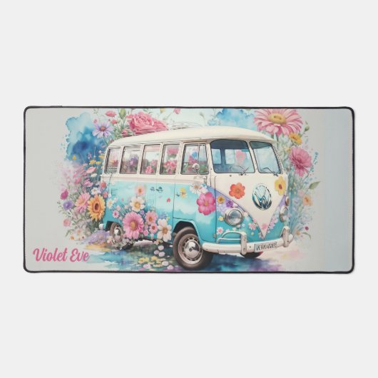 Personalisierter Name Wasserfarbe Retro Bus Blume Schreibtischunterlage (Vorderseite)