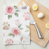 Personalisierter Name Wasserfarbe Rose & Pfotenabd Geschirrtuch (Viertel Falte)