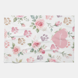 Personalisierter Name Wasserfarbe Rose & Pfotenabd Geschirrtuch