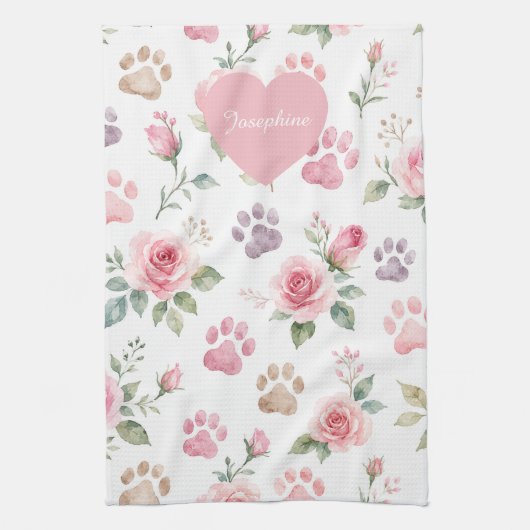 Personalisierter Name Wasserfarbe Rose & Pfotenabd Geschirrtuch (Vertikal)