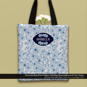Personalisierter Name Weiblich Blaues Blumenmuster Tasche