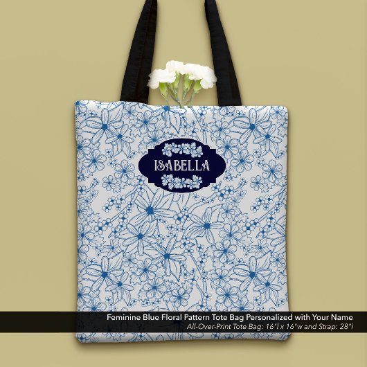Personalisierter Name Weiblich Blaues Blumenmuster Tasche