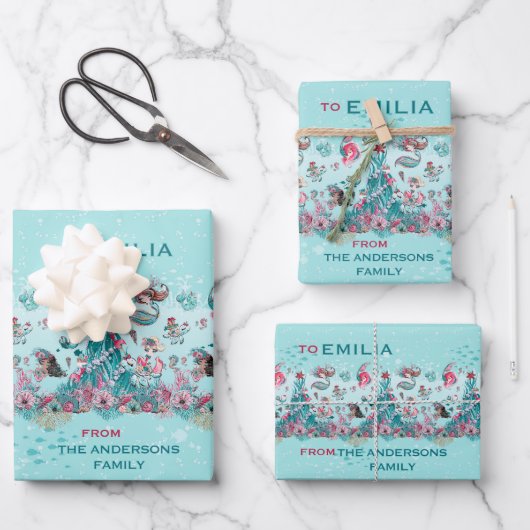 Personalisierter Name Weihnachten Meerjungfrau und Geschenkpapier Set (Vorderseite)