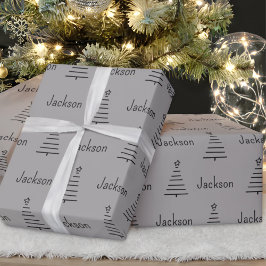 Personalisierter Name Weihnachtsbaum Graues Gesche Geschenkpapier
