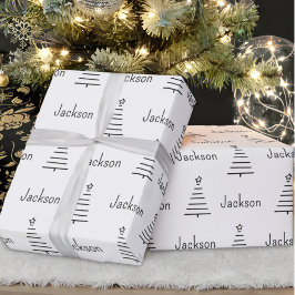 Personalisierter Name Weihnachtsbaum Schwarz & Wei Geschenkpapier