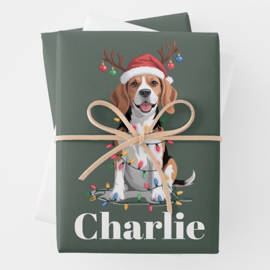 Personalisierter Name Weihnachtsmann Beagle Hund L Geschenkpapier Set (Beispiel)