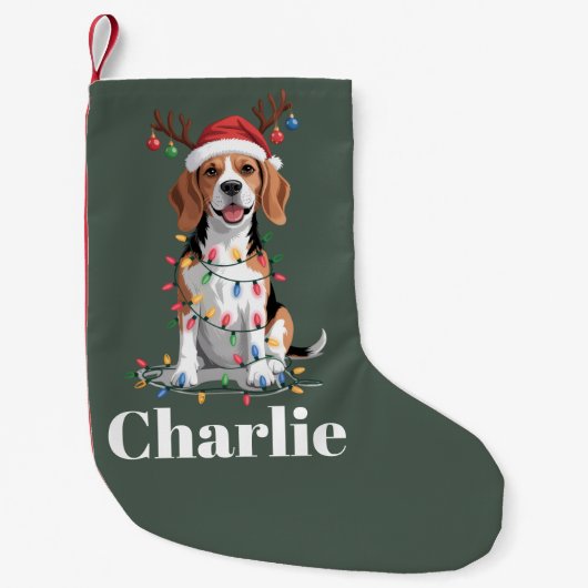 Personalisierter Name Weihnachtsmann Beagle Hund L Kleiner Weihnachtsstrumpf (Vorderseite)