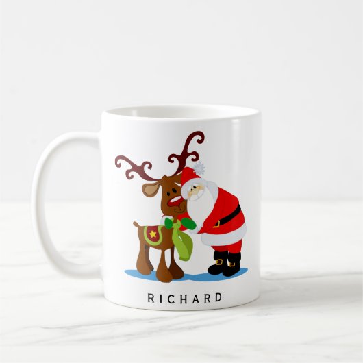 Personalisierter Name Weihnachtsmann und Rentiere Kaffeetasse (Links)