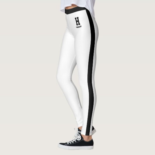Personalisierter Name Weiß Schwarz Monogramm Strei Leggings (Links)