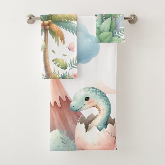 Personalisierter Name Whimsical Pastel Dinosaurier Badhandtuch Set (Insitu)