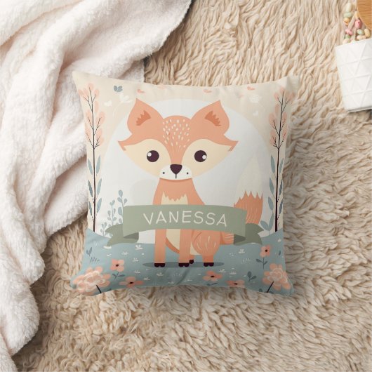 Personalisierter Name Woodland Fox, Baby Girl Kind Kissen (Decke)