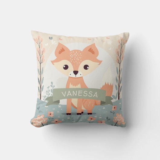 Personalisierter Name Woodland Fox, Baby Girl Kind Kissen (Vorderseite)