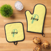 Personalisierter Name Yellow Oven Glove Ofenhandschuh & Topflappen-Set (Oben Unten)