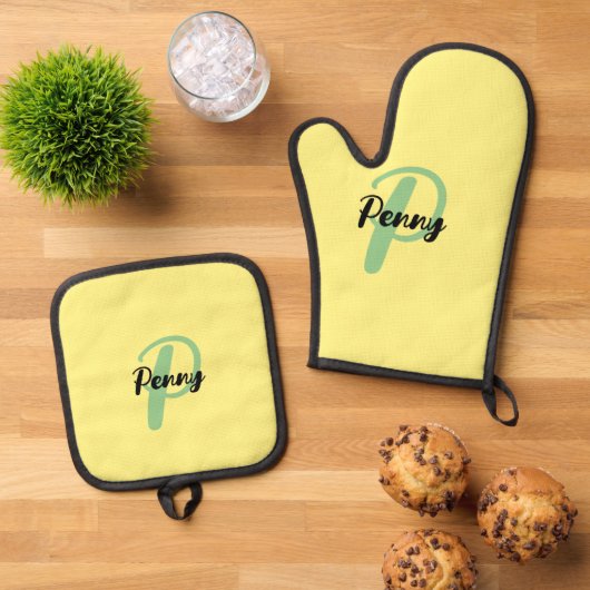 Personalisierter Name Yellow Oven Glove Ofenhandschuh & Topflappen-Set (Oben Unten)