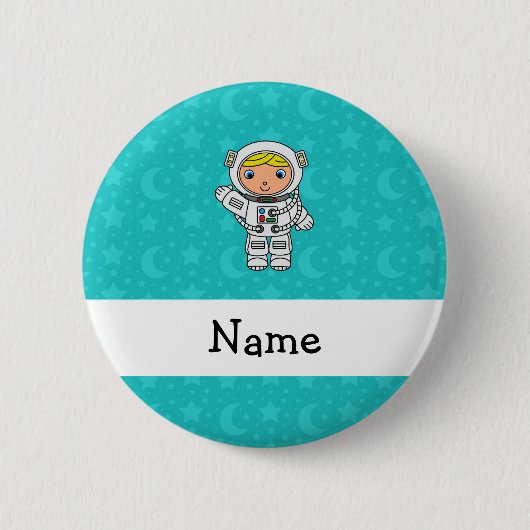 Personalisierter Namensastronautentürkis hat Monde Button (Vorderseite)