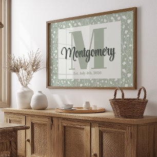 Personalisierter Namensdruck Hellgrün Weiße Blumen Poster