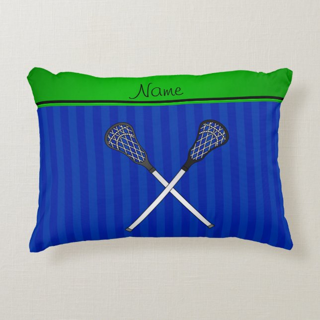 Personalisierter Namenslacrosse haftet blaue Zierkissen (Vorderseite)