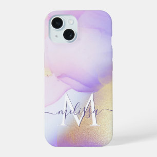 Personalisierter Namensmonogramm Lila Wasserfarbe iPhone 15 Hülle