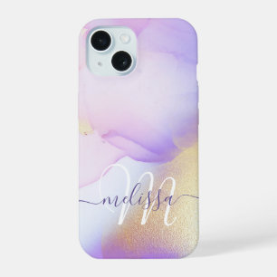 Personalisierter Namensmonogramm Lila Wasserfarbe iPhone 15 Hülle