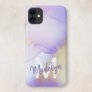 Personalisierter Namensmonogramm Lila Wasserfarbe iPhone 14 Hülle