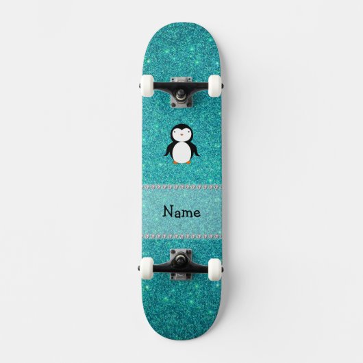 Personalisierter Namenspenguintürkis-Glitter Skateboard (Vorderseite)