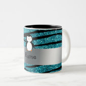 Personalisierter Namenspenguintürkis-Glitter Zebra Zweifarbige Tasse (VorderseiteRechts)
