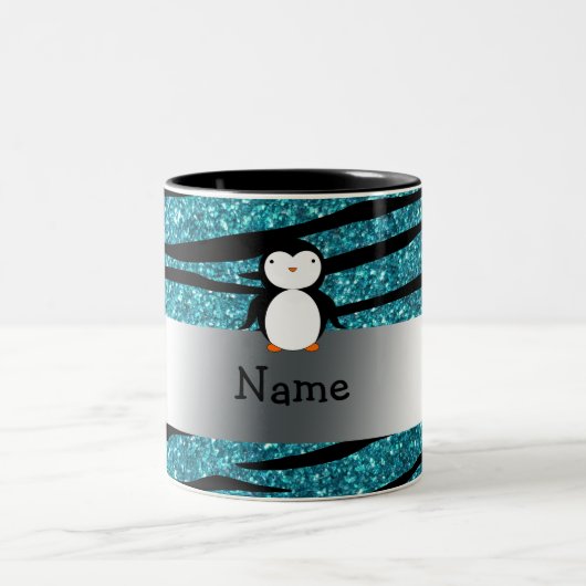 Personalisierter Namenspenguintürkis-Glitter Zebra Zweifarbige Tasse (Mittel)