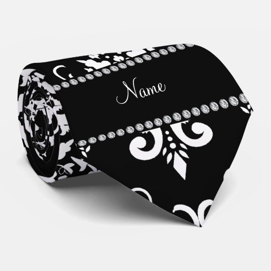 Personalisierter Namensschwarzweiss-Damast Krawatte (Gerollt)