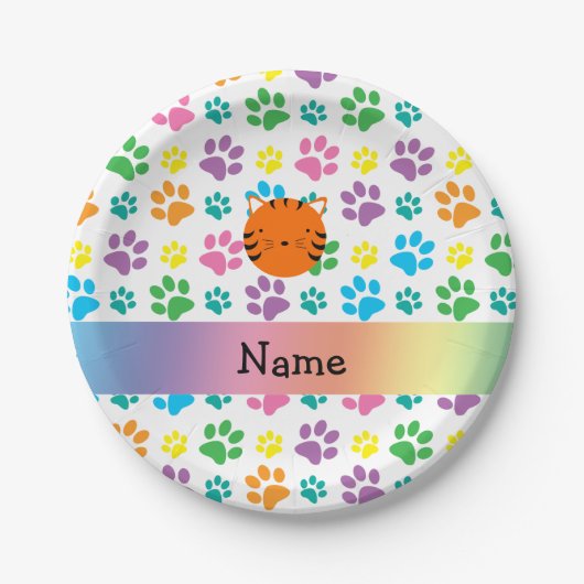 Personalisierter Namenstiger mit Regenbogenpfoten Pappteller (Vorderseite)