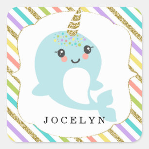 Personalisierter Narwhal Rainbow Glitzer Quadratischer Aufkleber