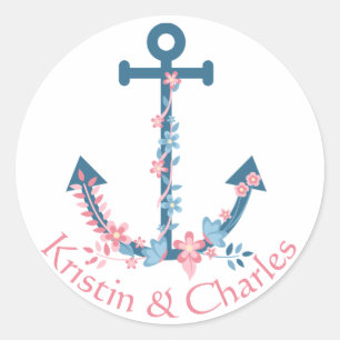 Personalisierter nautischer Anker rosa blaue Blume Runder Aufkleber