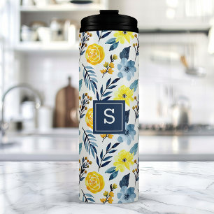 Personalisierter Navy- und gelber Blumen- Thermosbecher