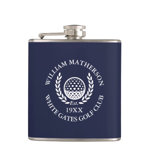 Personalisierter Navyblauer Golfclub-Name Flachmann (Vorderseite)