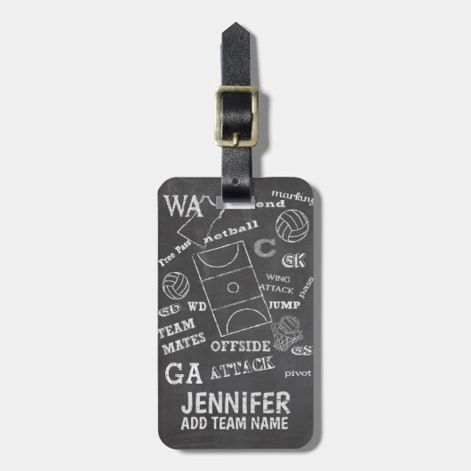 Personalisierter Netball-Chalkboard-Stil Gepäckanhänger (Vorderseite vertikal)