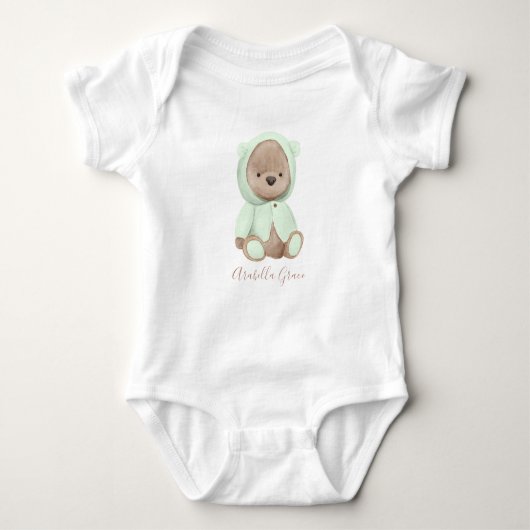 Personalisierter neutraler Sage Green Teddy Bear Baby Strampler (Vorderseite)