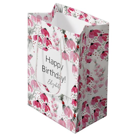 Personalisierter Niedlicher Boho Pink Mittlere Geschenktüte (Vorderseite Schrägansicht)