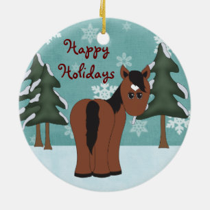 Personalisierter Niedlicher brauner Happy Holidays Keramik Ornament