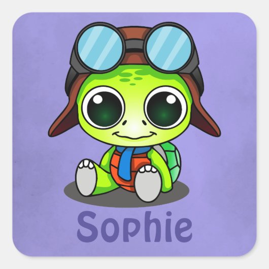 Personalisierter Niedlicher Chibi Cartoon Turtle Quadratischer Aufkleber (Vorderseite)